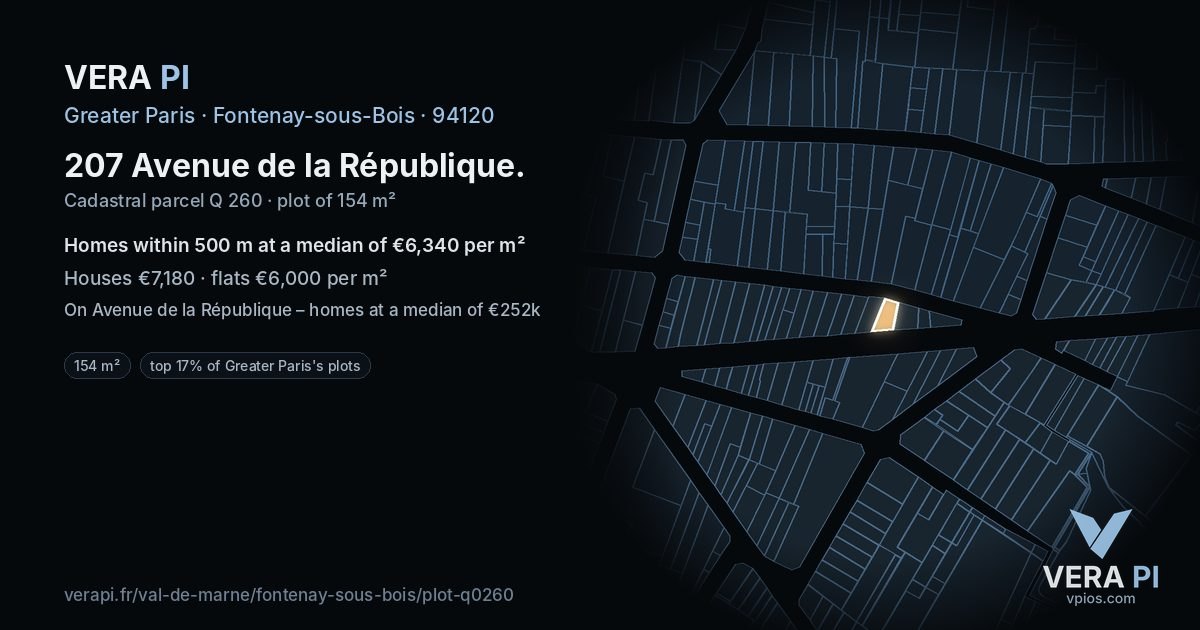 207 Avenue de la République, Fontenay-sous-Bois at night – the plot lit, the parcels around coloured by the prices near them