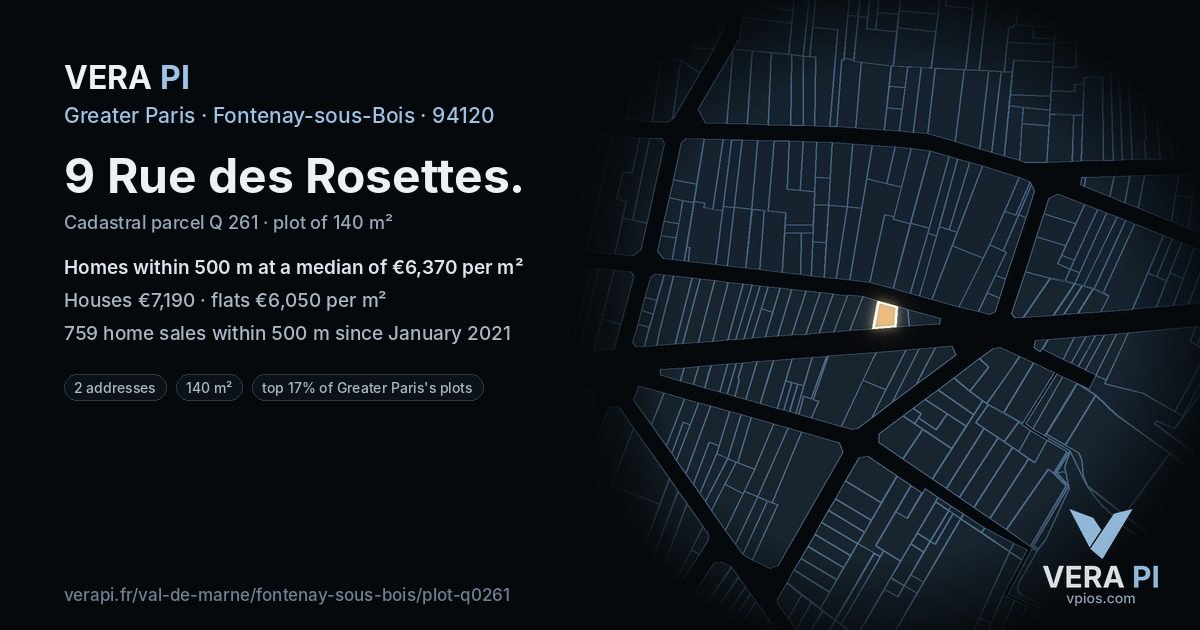 9 Rue des Rosettes, Fontenay-sous-Bois at night – the plot lit, the parcels around coloured by the prices near them