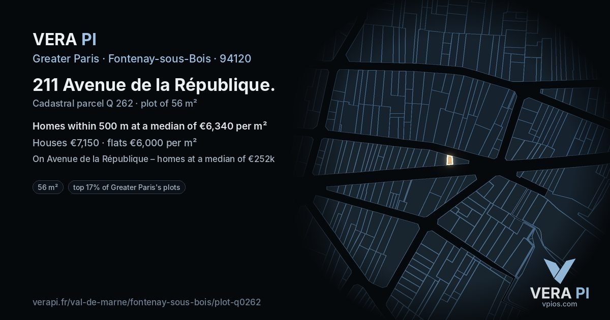 211 Avenue de la République, Fontenay-sous-Bois at night – the plot lit, the parcels around coloured by the prices near them