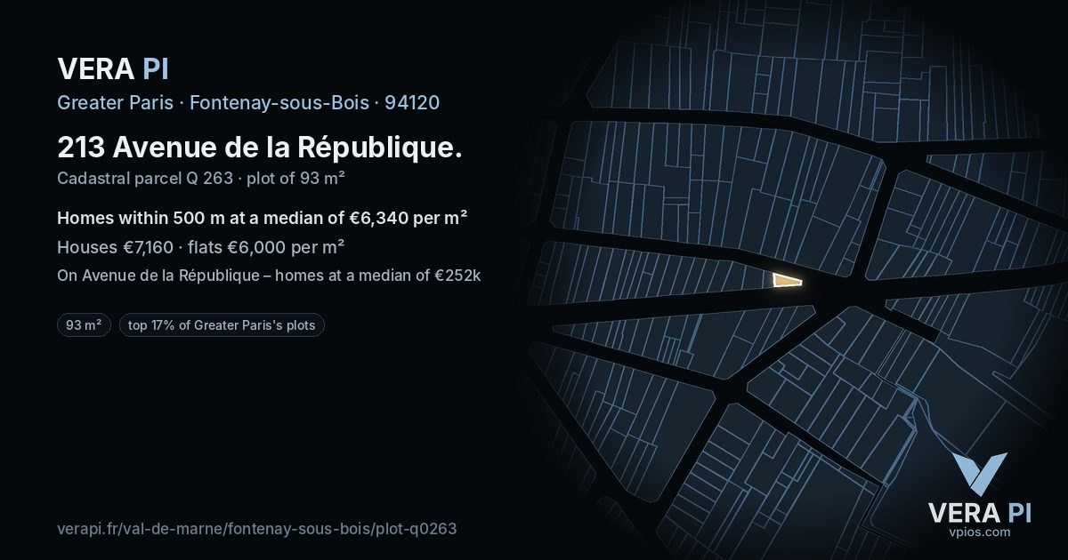 213 Avenue de la République, Fontenay-sous-Bois at night – the plot lit, the parcels around coloured by the prices near them