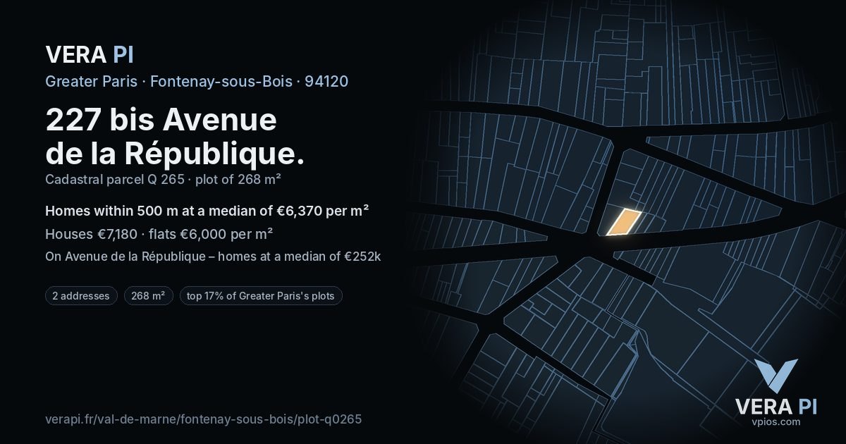 227 bis Avenue de la République, Fontenay-sous-Bois at night – the plot lit, the parcels around coloured by the prices near them