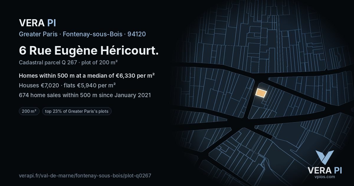 6 Rue Eugène Héricourt, Fontenay-sous-Bois at night – the plot lit, the parcels around coloured by the prices near them