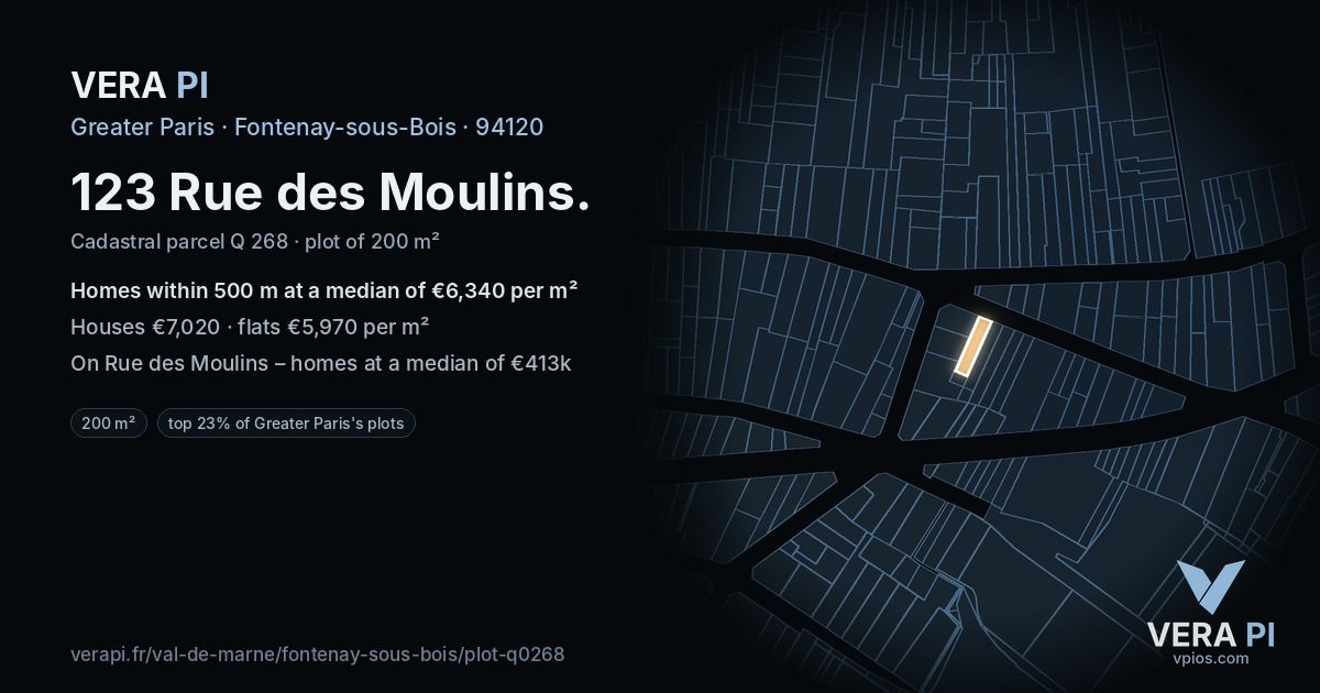 123 Rue des Moulins, Fontenay-sous-Bois at night – the plot lit, the parcels around coloured by the prices near them