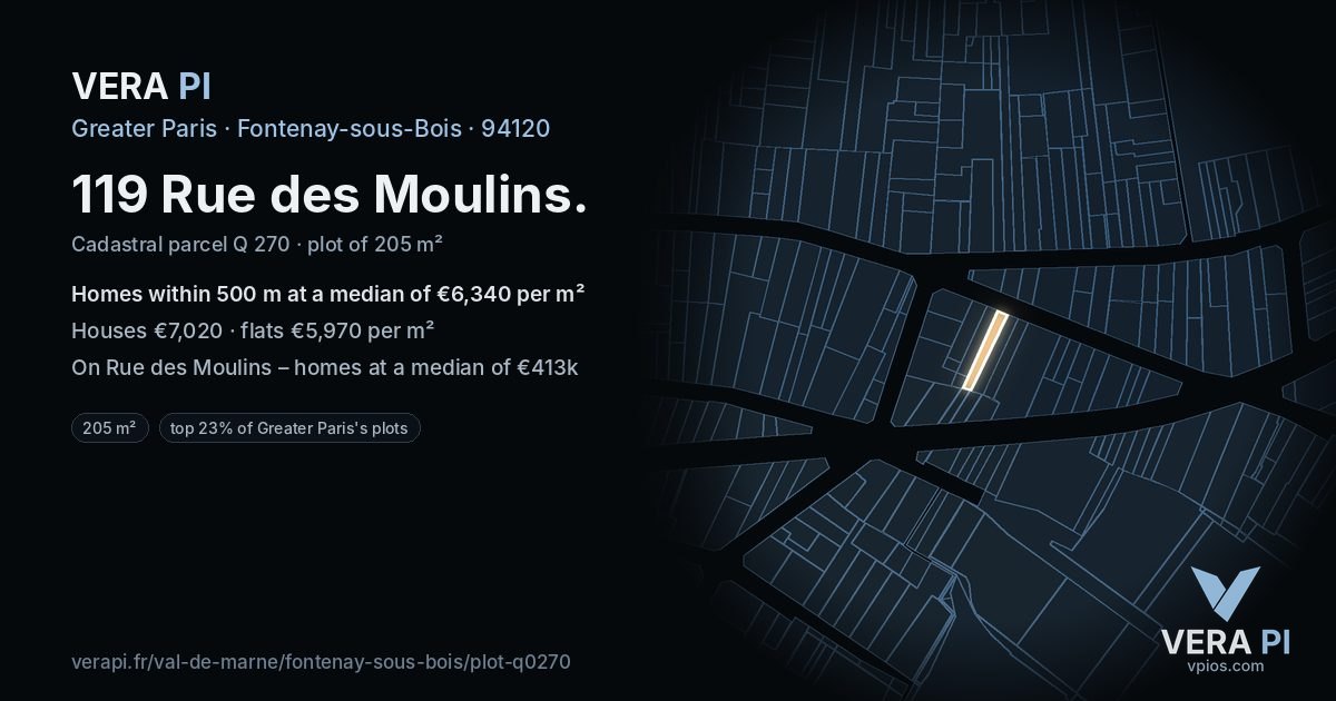 119 Rue des Moulins, Fontenay-sous-Bois at night – the plot lit, the parcels around coloured by the prices near them