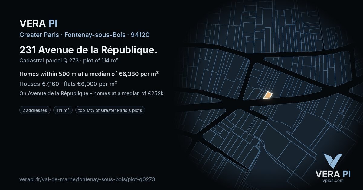 231 Avenue de la République, Fontenay-sous-Bois at night – the plot lit, the parcels around coloured by the prices near them