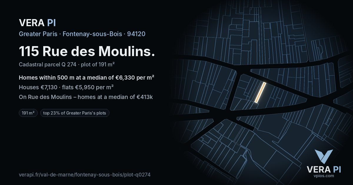 115 Rue des Moulins, Fontenay-sous-Bois at night – the plot lit, the parcels around coloured by the prices near them