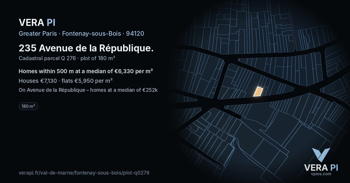 235 Avenue de la République, Fontenay-sous-Bois at night – the plot lit, the parcels around coloured by the prices near them