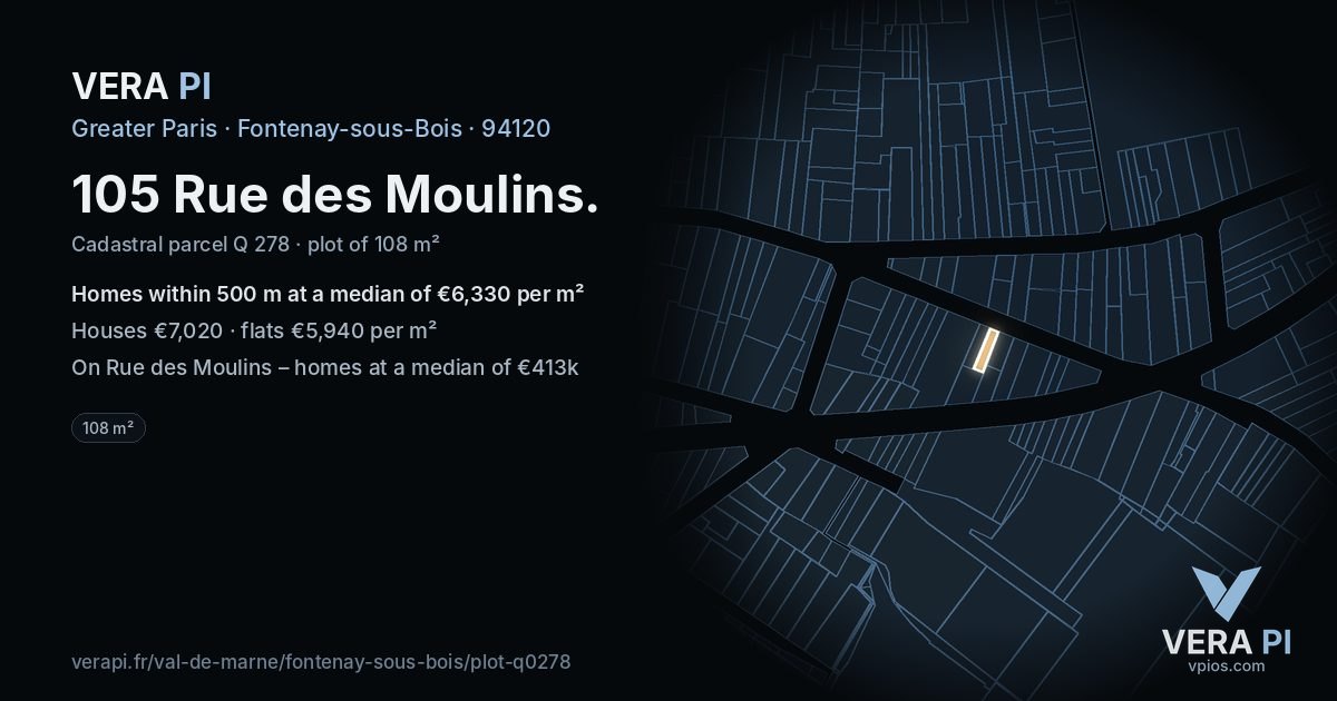 105 Rue des Moulins, Fontenay-sous-Bois at night – the plot lit, the parcels around coloured by the prices near them