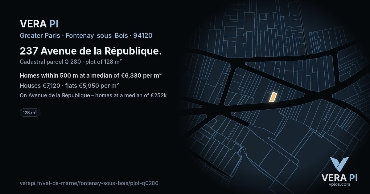 237 Avenue de la République, Fontenay-sous-Bois at night – the plot lit, the parcels around coloured by the prices near them