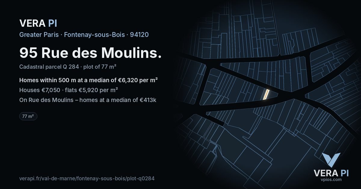 95 Rue des Moulins, Fontenay-sous-Bois at night – the plot lit, the parcels around coloured by the prices near them