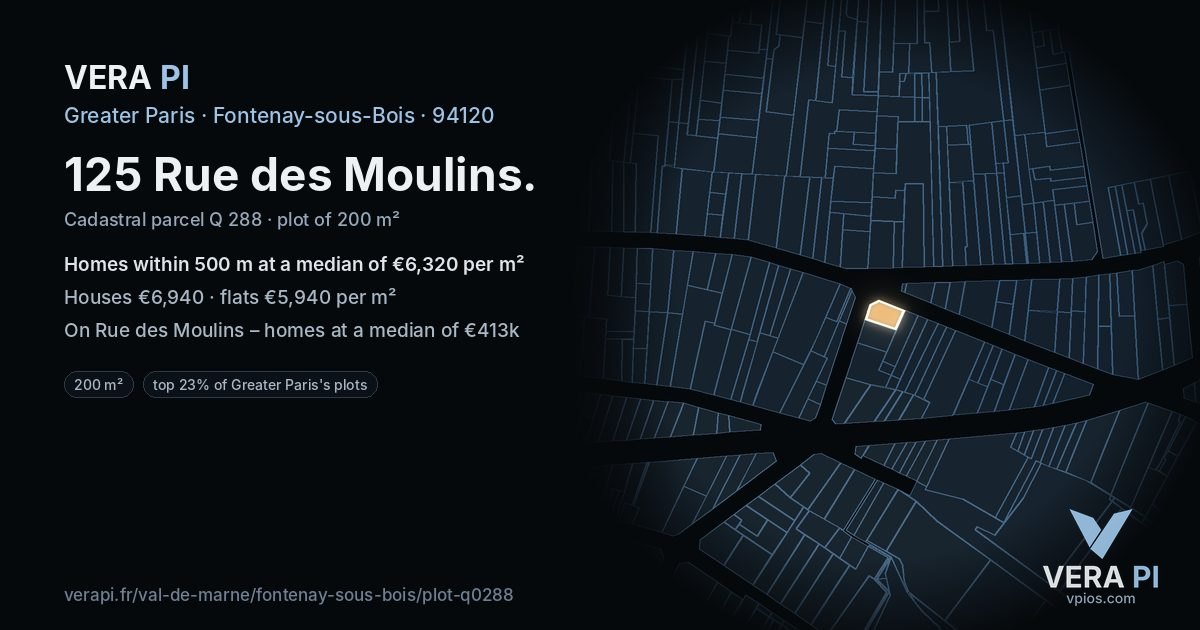 125 Rue des Moulins, Fontenay-sous-Bois at night – the plot lit, the parcels around coloured by the prices near them