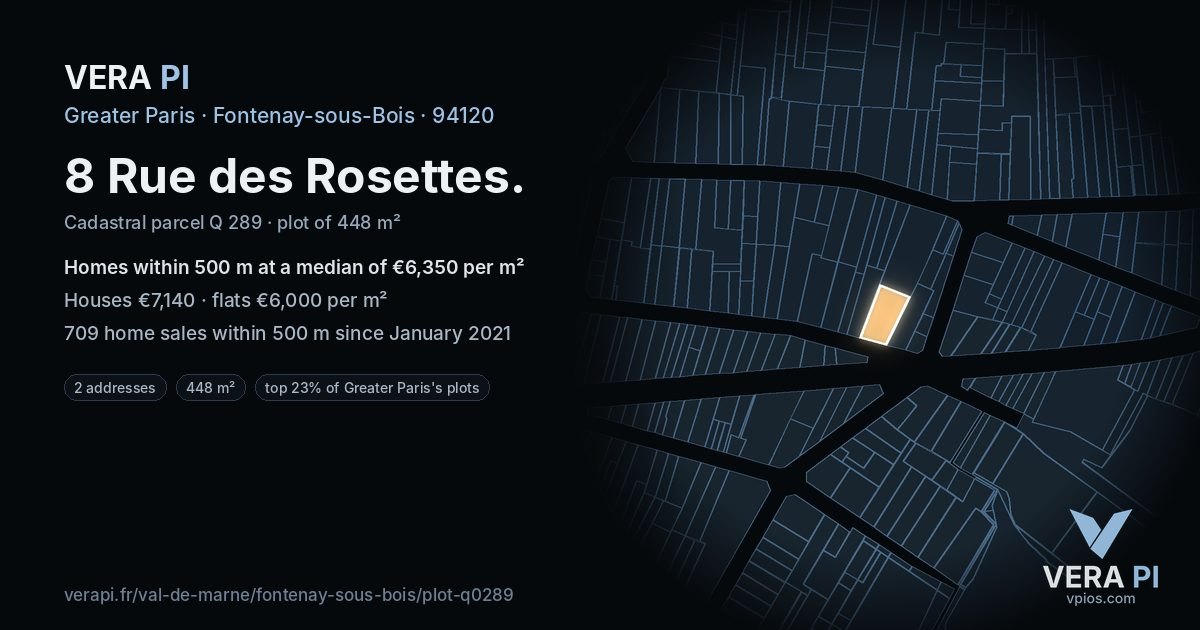 8 Rue des Rosettes, Fontenay-sous-Bois at night – the plot lit, the parcels around coloured by the prices near them
