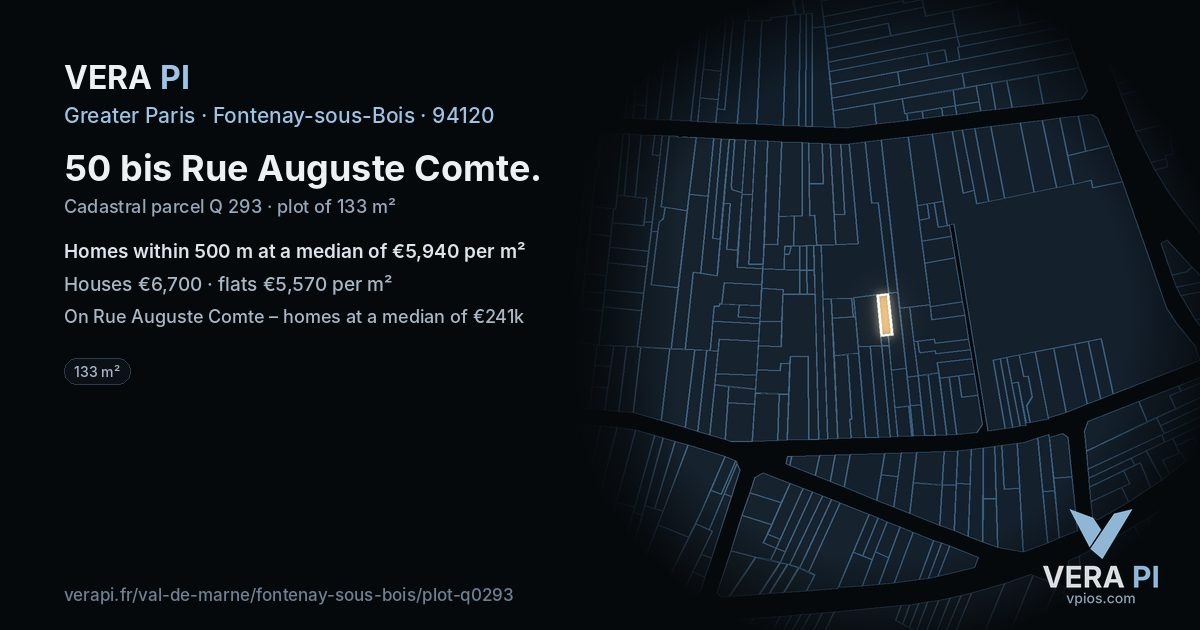 50 bis Rue Auguste Comte, Fontenay-sous-Bois at night – the plot lit, the parcels around coloured by the prices near them