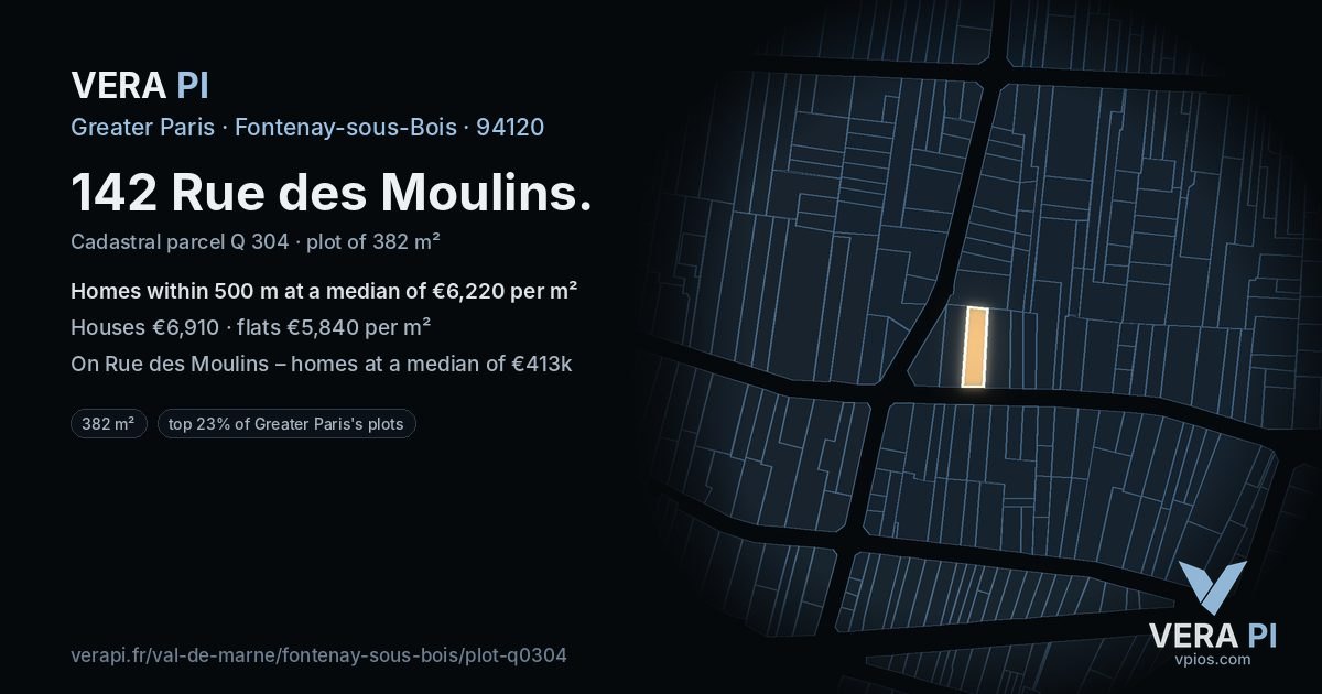 142 Rue des Moulins, Fontenay-sous-Bois at night – the plot lit, the parcels around coloured by the prices near them
