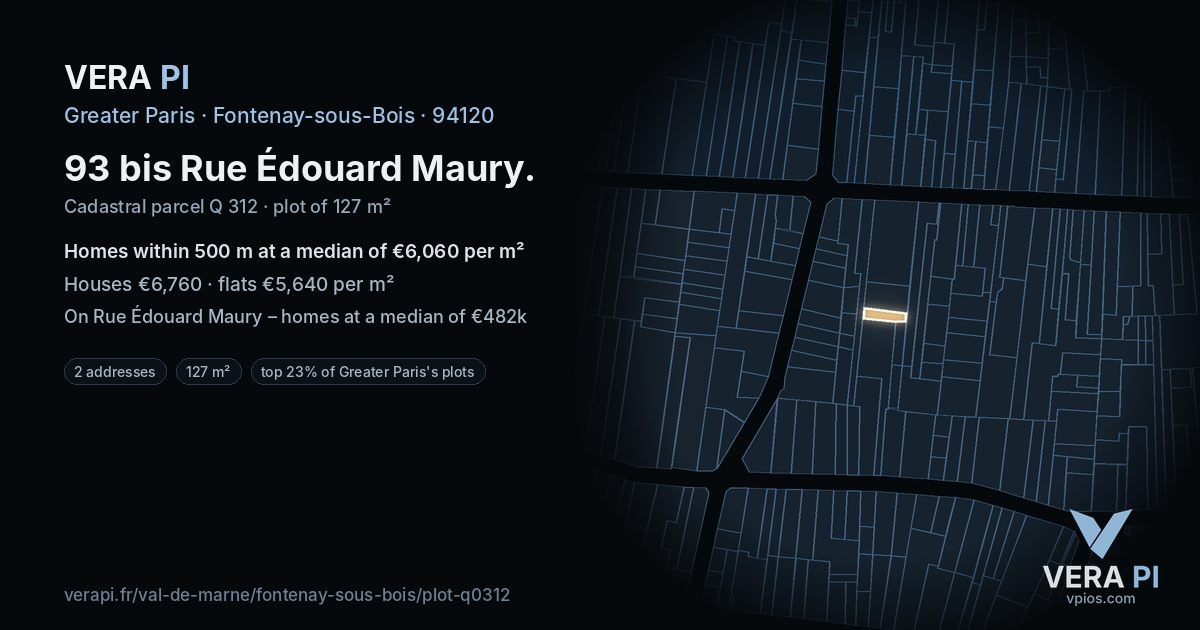 93 bis Rue Édouard Maury, Fontenay-sous-Bois at night – the plot lit, the parcels around coloured by the prices near them
