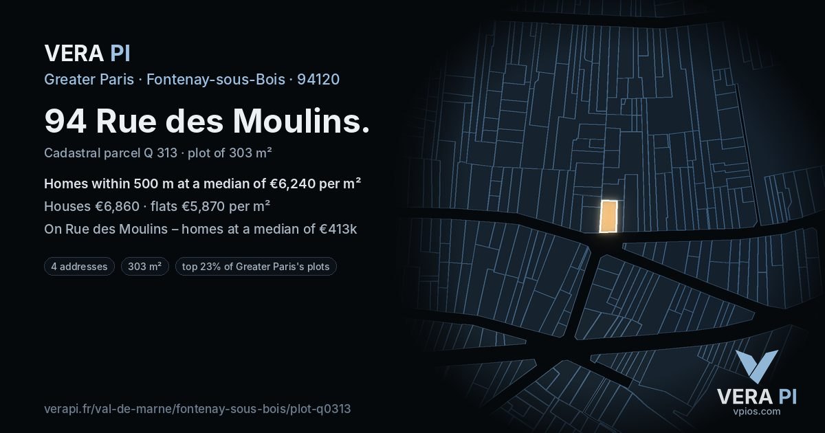 94 Rue des Moulins, Fontenay-sous-Bois at night – the plot lit, the parcels around coloured by the prices near them