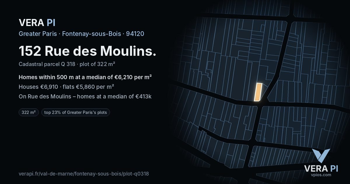 152 Rue des Moulins, Fontenay-sous-Bois at night – the plot lit, the parcels around coloured by the prices near them