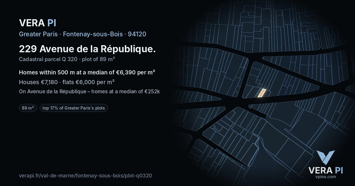 229 Avenue de la République, Fontenay-sous-Bois at night – the plot lit, the parcels around coloured by the prices near them