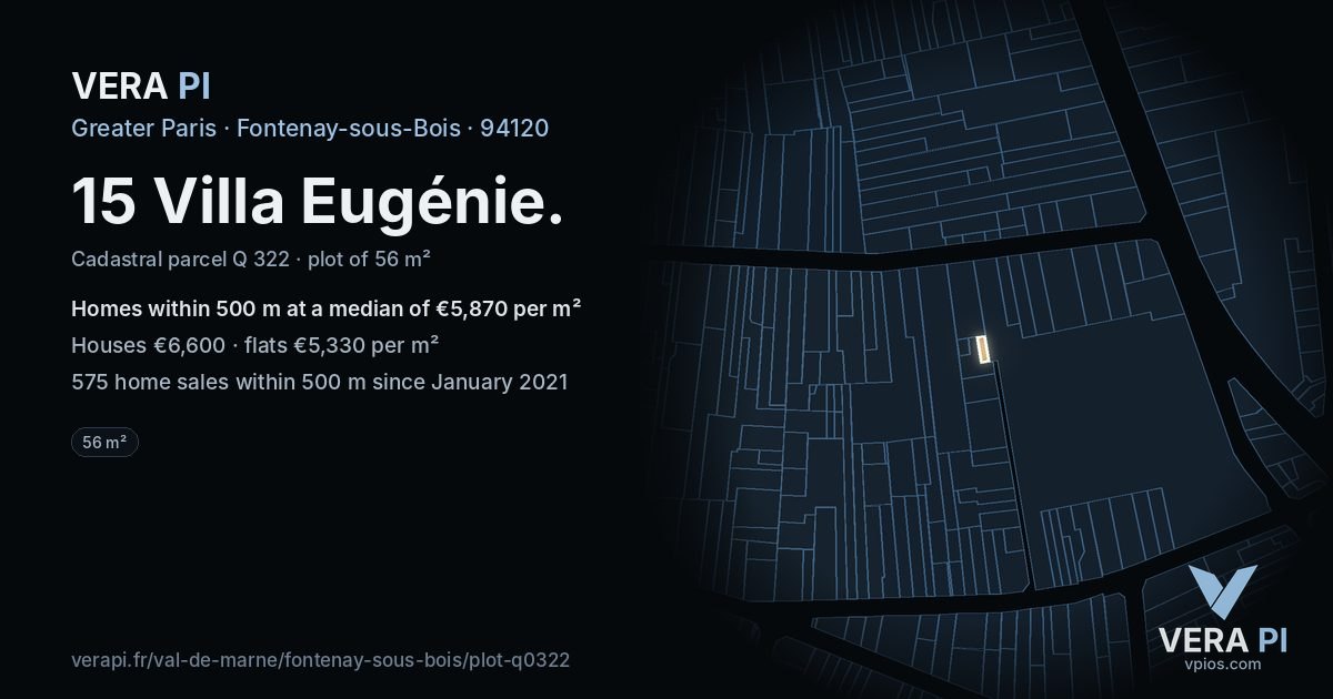 15 Villa Eugénie, Fontenay-sous-Bois at night – the plot lit, the parcels around coloured by the prices near them