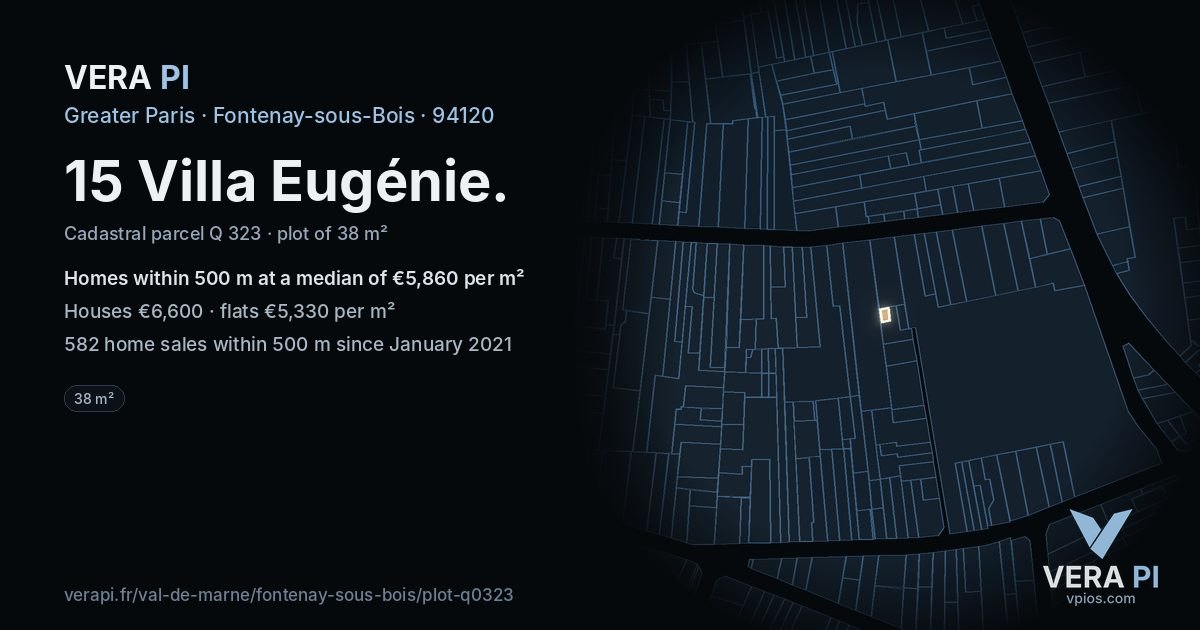 15 Villa Eugénie, Fontenay-sous-Bois at night – the plot lit, the parcels around coloured by the prices near them