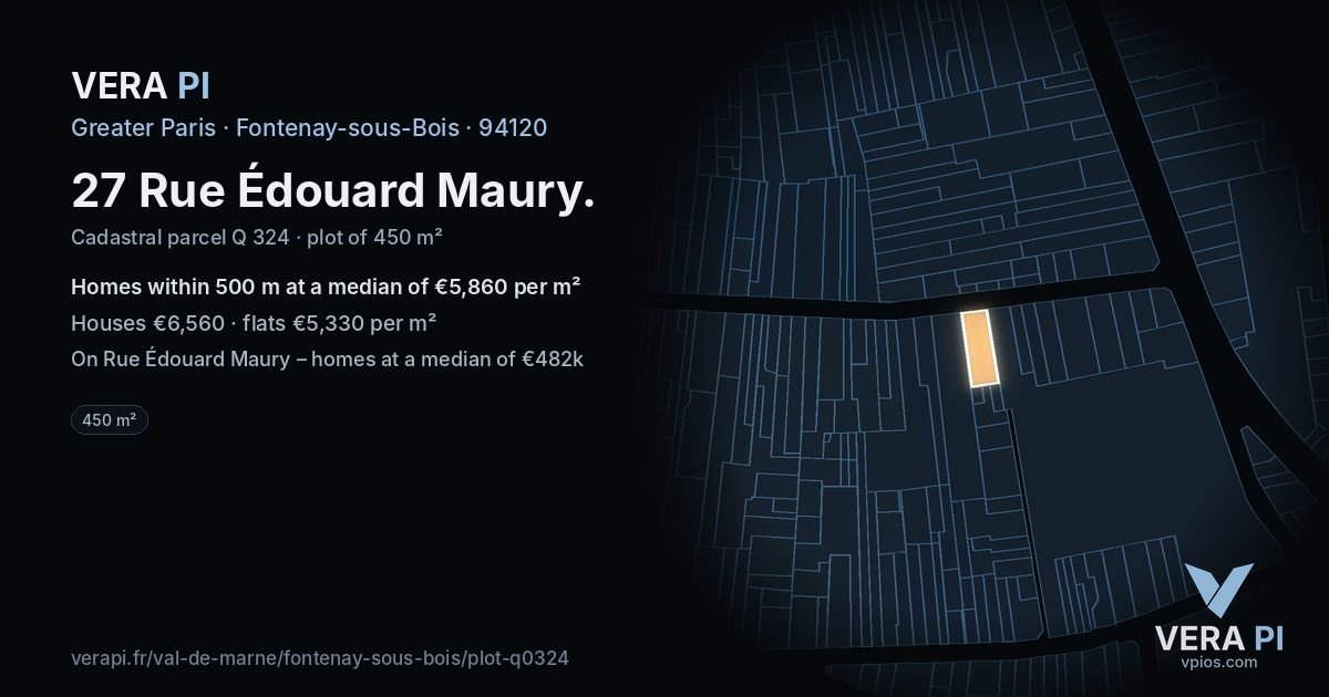 27 Rue Édouard Maury, Fontenay-sous-Bois at night – the plot lit, the parcels around coloured by the prices near them
