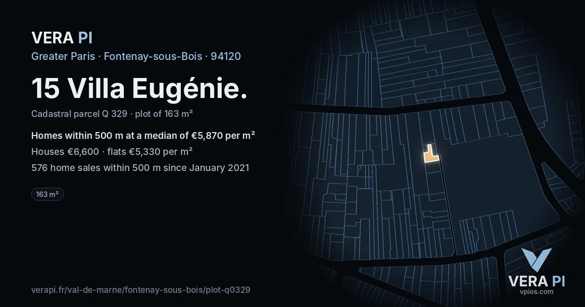 15 Villa Eugénie, Fontenay-sous-Bois at night – the plot lit, the parcels around coloured by the prices near them