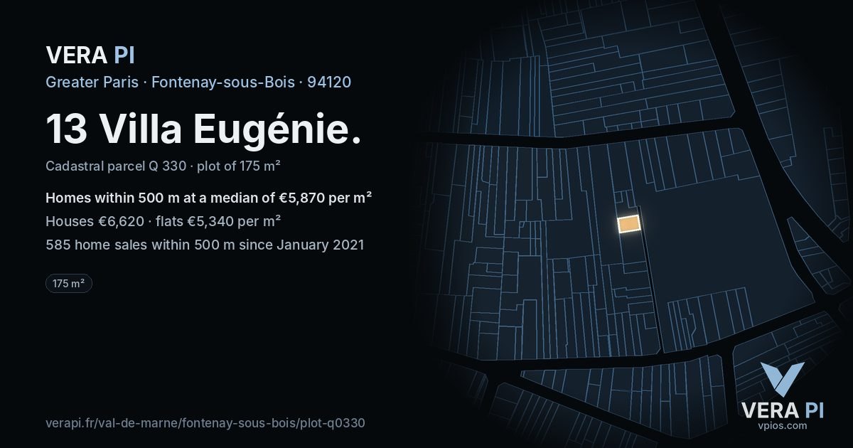 13 Villa Eugénie, Fontenay-sous-Bois at night – the plot lit, the parcels around coloured by the prices near them