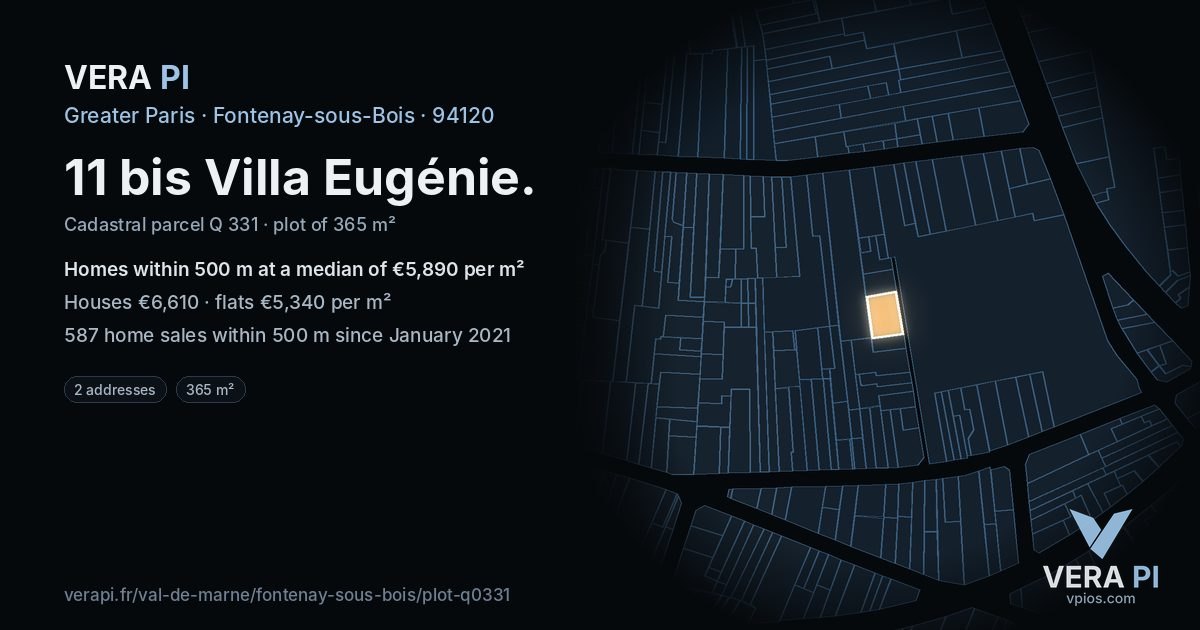 11 bis Villa Eugénie, Fontenay-sous-Bois at night – the plot lit, the parcels around coloured by the prices near them