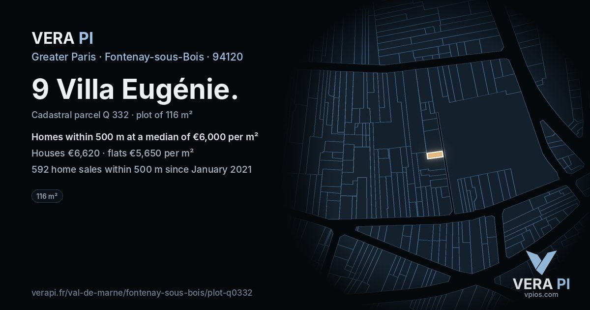 9 Villa Eugénie, Fontenay-sous-Bois at night – the plot lit, the parcels around coloured by the prices near them