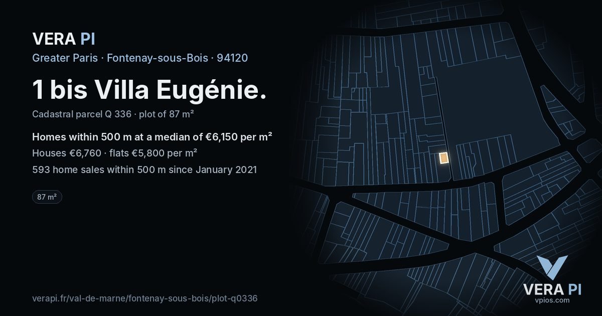 1 bis Villa Eugénie, Fontenay-sous-Bois at night – the plot lit, the parcels around coloured by the prices near them