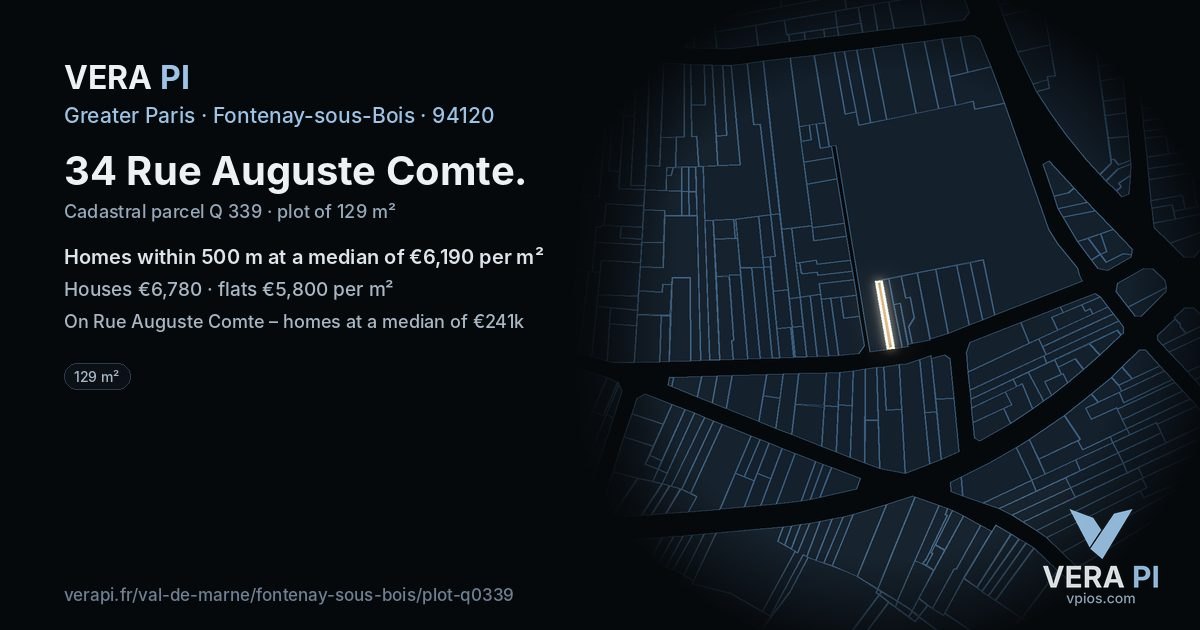 34 Rue Auguste Comte, Fontenay-sous-Bois at night – the plot lit, the parcels around coloured by the prices near them