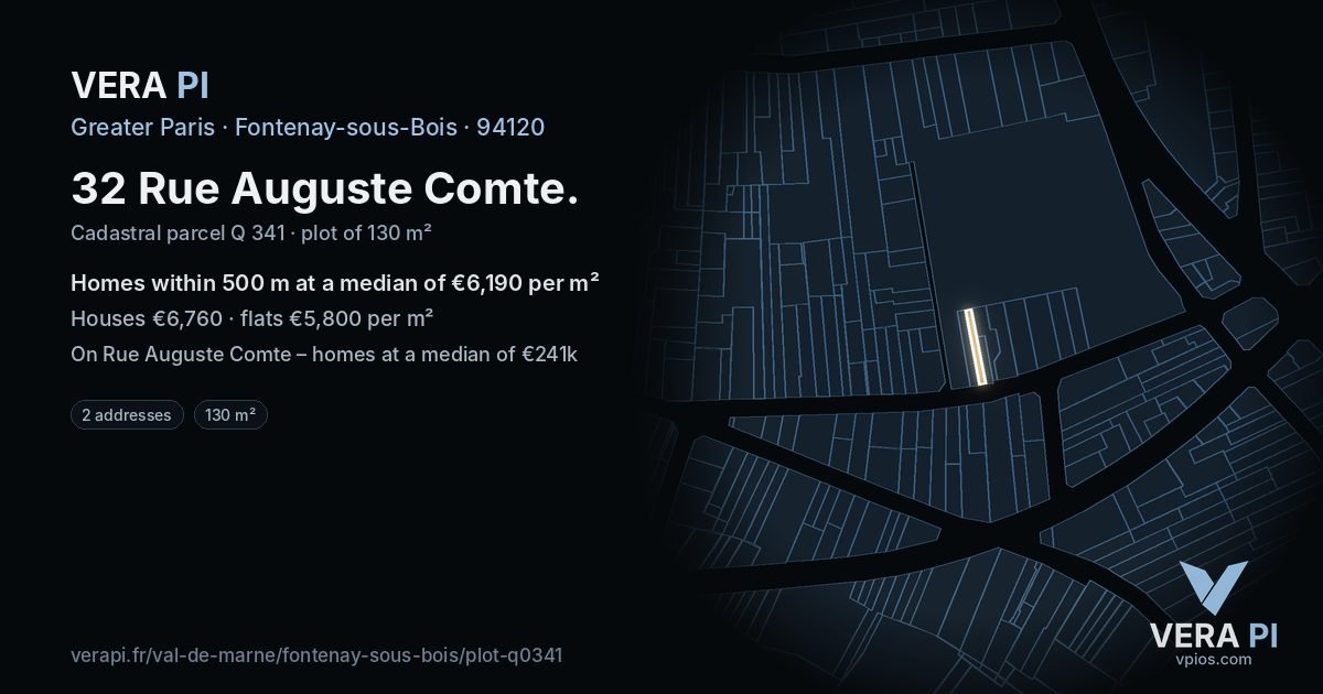 32 Rue Auguste Comte, Fontenay-sous-Bois at night – the plot lit, the parcels around coloured by the prices near them