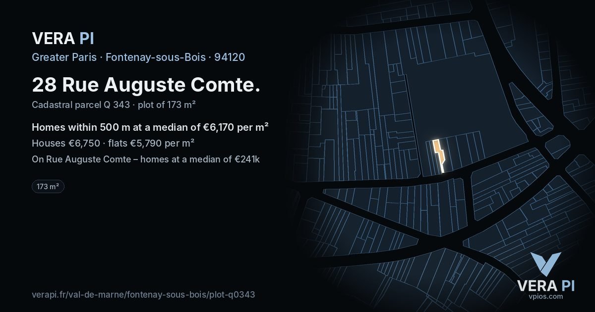28 Rue Auguste Comte, Fontenay-sous-Bois at night – the plot lit, the parcels around coloured by the prices near them