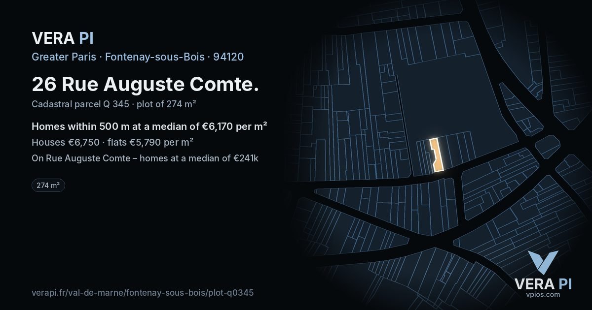 26 Rue Auguste Comte, Fontenay-sous-Bois at night – the plot lit, the parcels around coloured by the prices near them