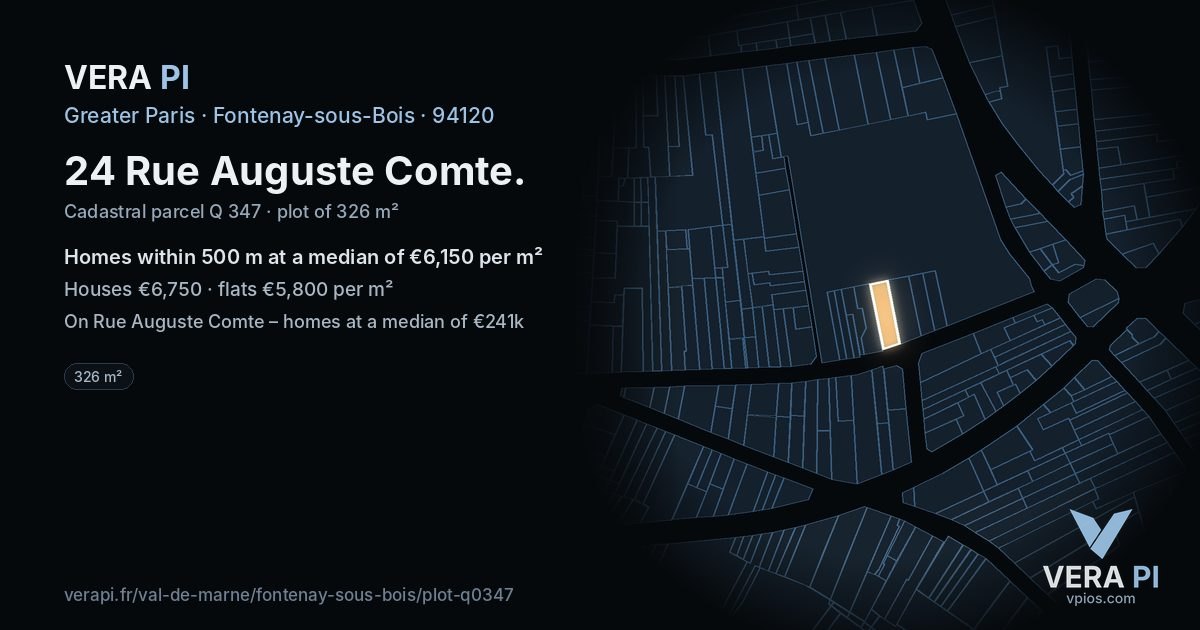24 Rue Auguste Comte, Fontenay-sous-Bois at night – the plot lit, the parcels around coloured by the prices near them