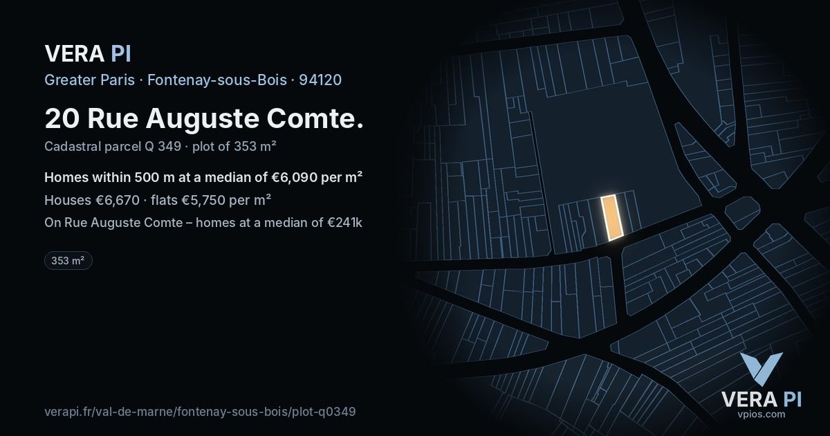 20 Rue Auguste Comte, Fontenay-sous-Bois at night – the plot lit, the parcels around coloured by the prices near them