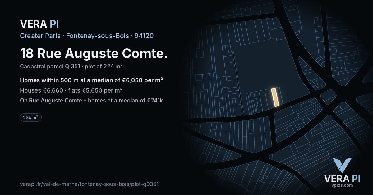 18 Rue Auguste Comte, Fontenay-sous-Bois at night – the plot lit, the parcels around coloured by the prices near them
