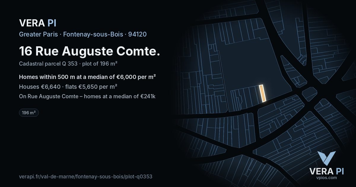 16 Rue Auguste Comte, Fontenay-sous-Bois at night – the plot lit, the parcels around coloured by the prices near them