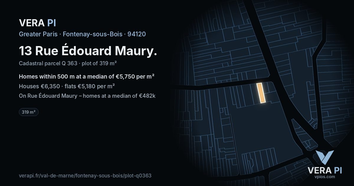 13 Rue Édouard Maury, Fontenay-sous-Bois at night – the plot lit, the parcels around coloured by the prices near them