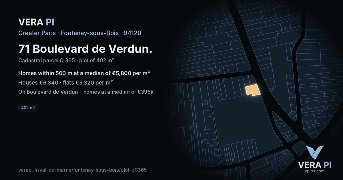 71 Boulevard de Verdun, Fontenay-sous-Bois at night – the plot lit, the parcels around coloured by the prices near them