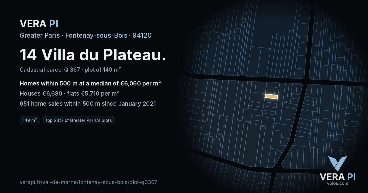 14 Villa du Plateau, Fontenay-sous-Bois at night – the plot lit, the parcels around coloured by the prices near them