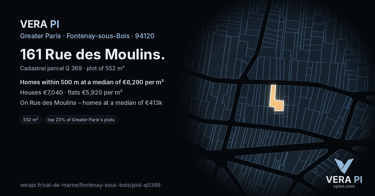 161 Rue des Moulins, Fontenay-sous-Bois at night – the plot lit, the parcels around coloured by the prices near them