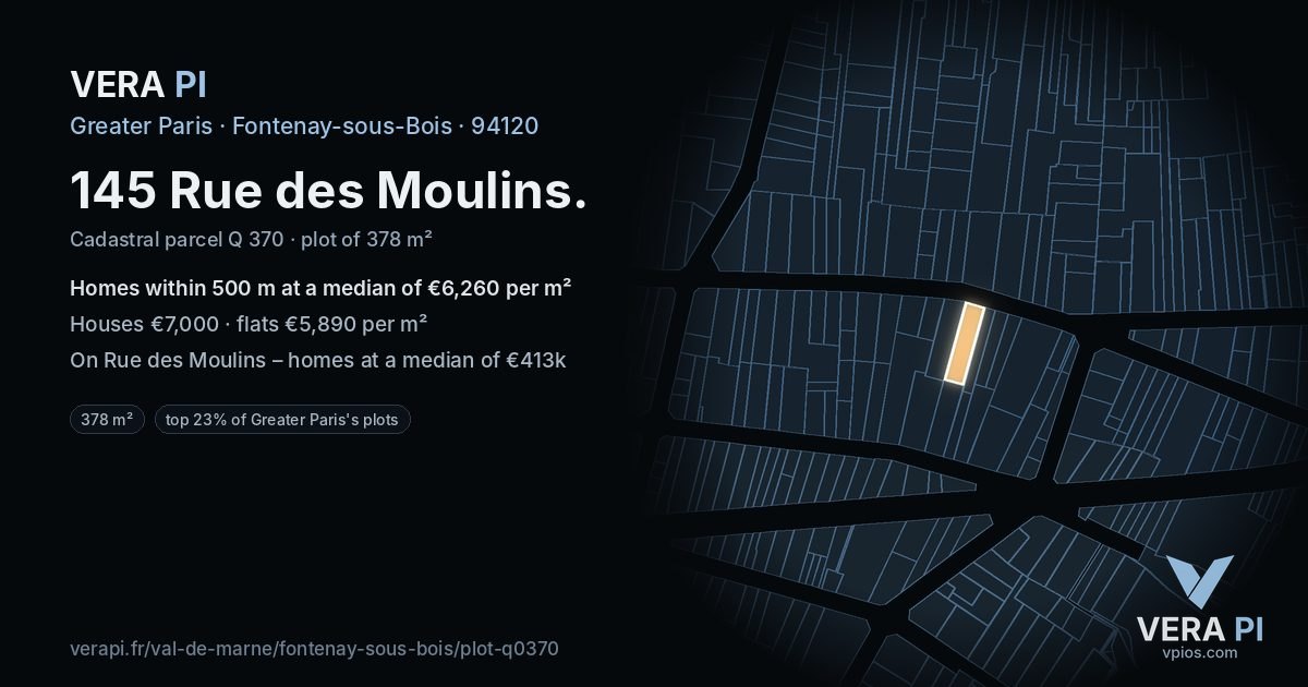 145 Rue des Moulins, Fontenay-sous-Bois at night – the plot lit, the parcels around coloured by the prices near them
