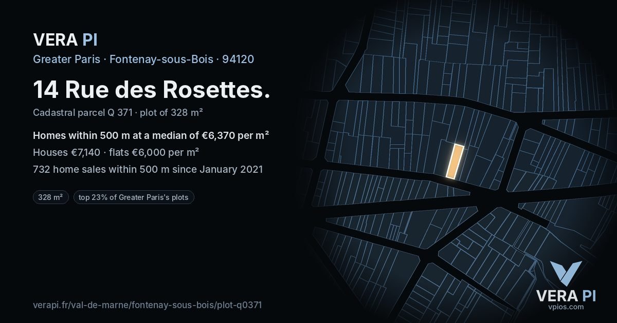14 Rue des Rosettes, Fontenay-sous-Bois at night – the plot lit, the parcels around coloured by the prices near them