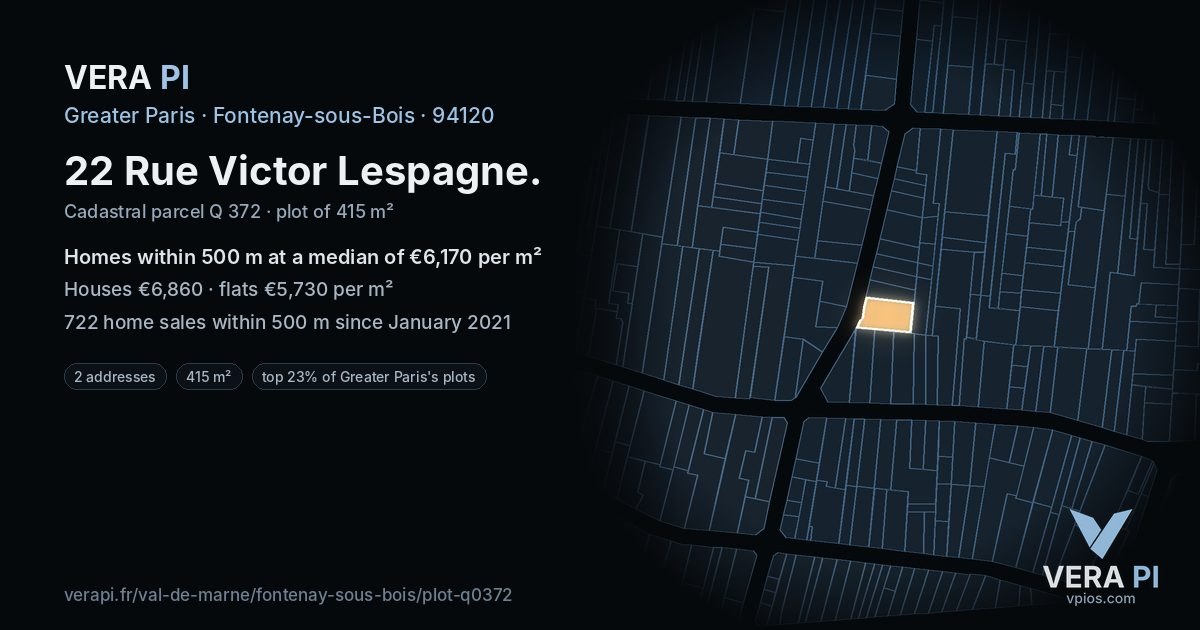 22 Rue Victor Lespagne, Fontenay-sous-Bois at night – the plot lit, the parcels around coloured by the prices near them