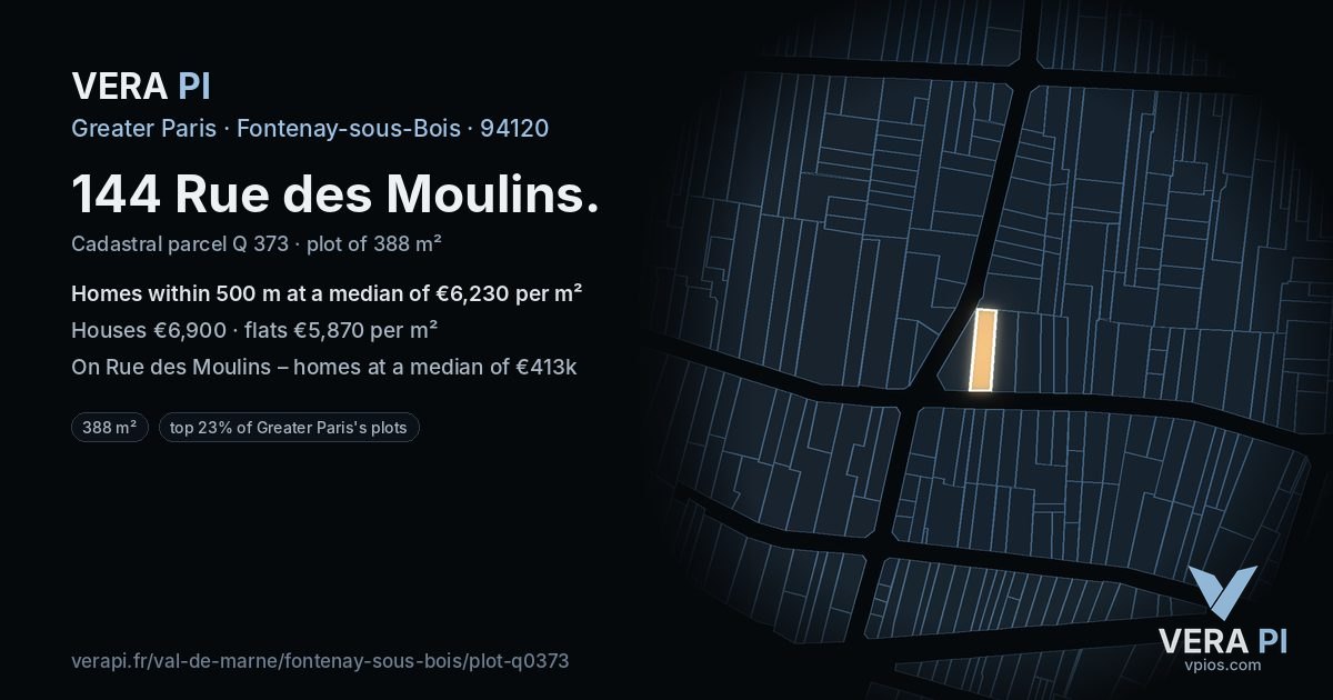 144 Rue des Moulins, Fontenay-sous-Bois at night – the plot lit, the parcels around coloured by the prices near them