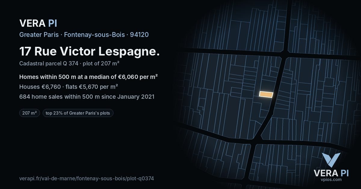 17 Rue Victor Lespagne, Fontenay-sous-Bois at night – the plot lit, the parcels around coloured by the prices near them