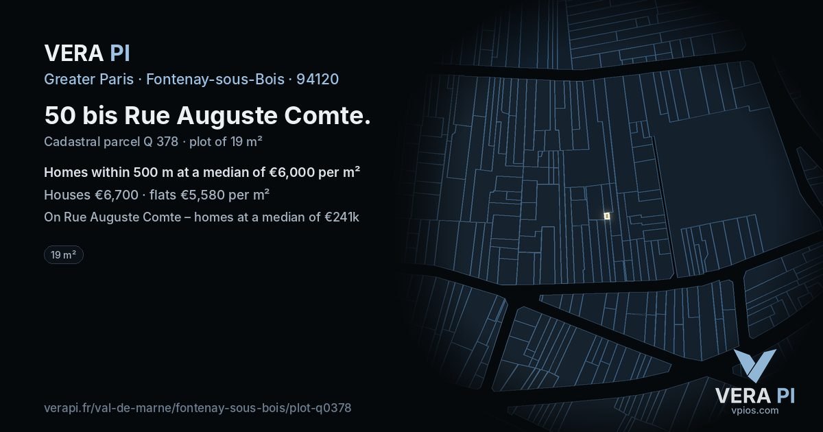 50 bis Rue Auguste Comte, Fontenay-sous-Bois at night – the plot lit, the parcels around coloured by the prices near them