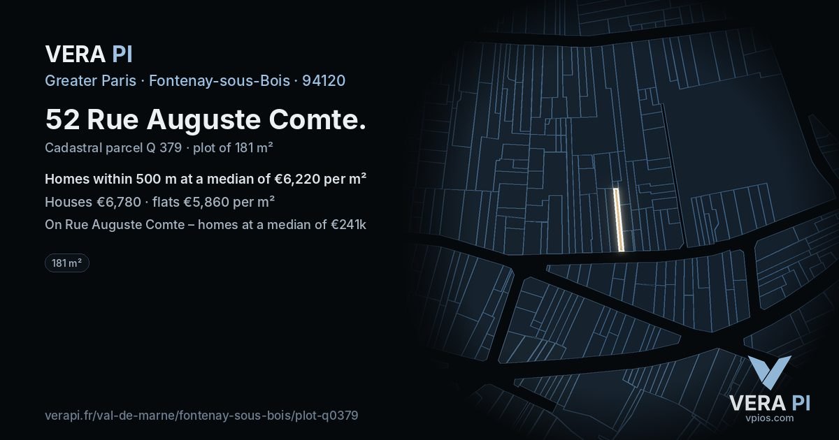 52 Rue Auguste Comte, Fontenay-sous-Bois at night – the plot lit, the parcels around coloured by the prices near them
