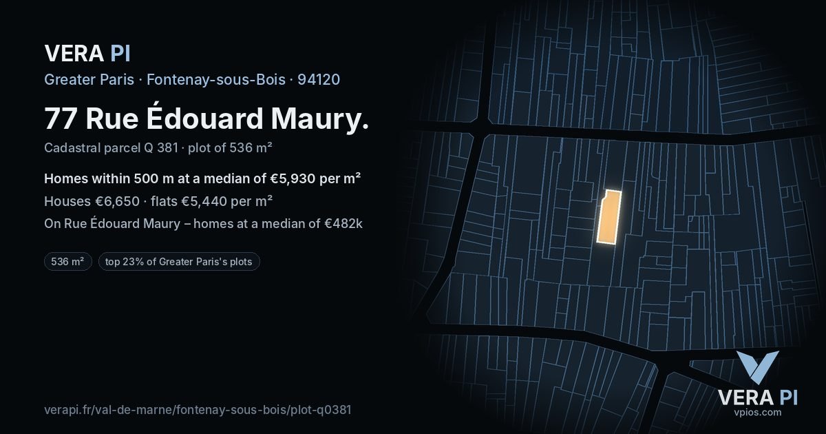 77 Rue Édouard Maury, Fontenay-sous-Bois at night – the plot lit, the parcels around coloured by the prices near them
